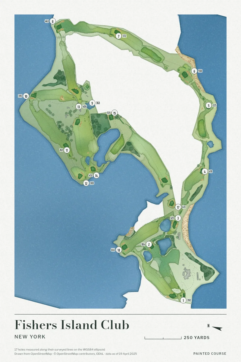 Fishers Island Club, New York, USA, drawn in the Watercolour style from its OpenStreetMap survey: 17 holes, each numbered at its tee with its measured yards beside it.