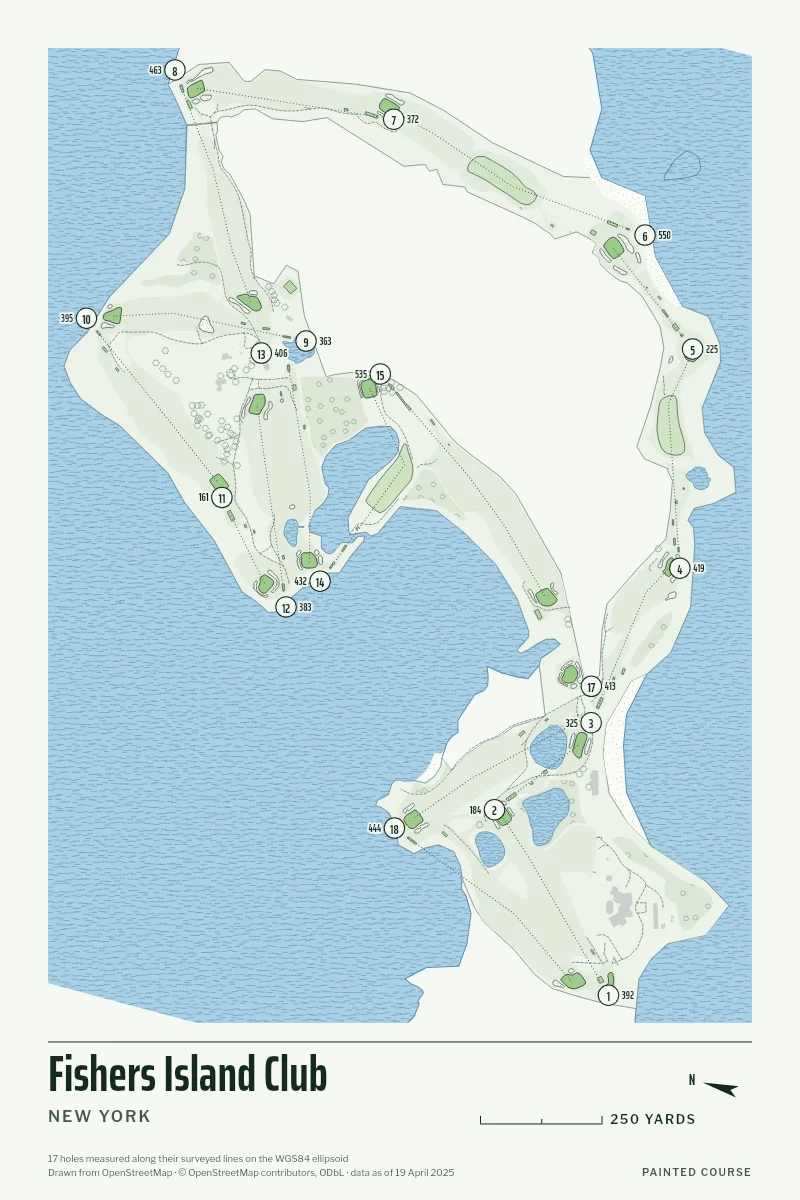 Fishers Island Club, New York, USA, drawn in the Yardage style from its OpenStreetMap survey: 17 holes, each numbered at its tee with its measured yards beside it.