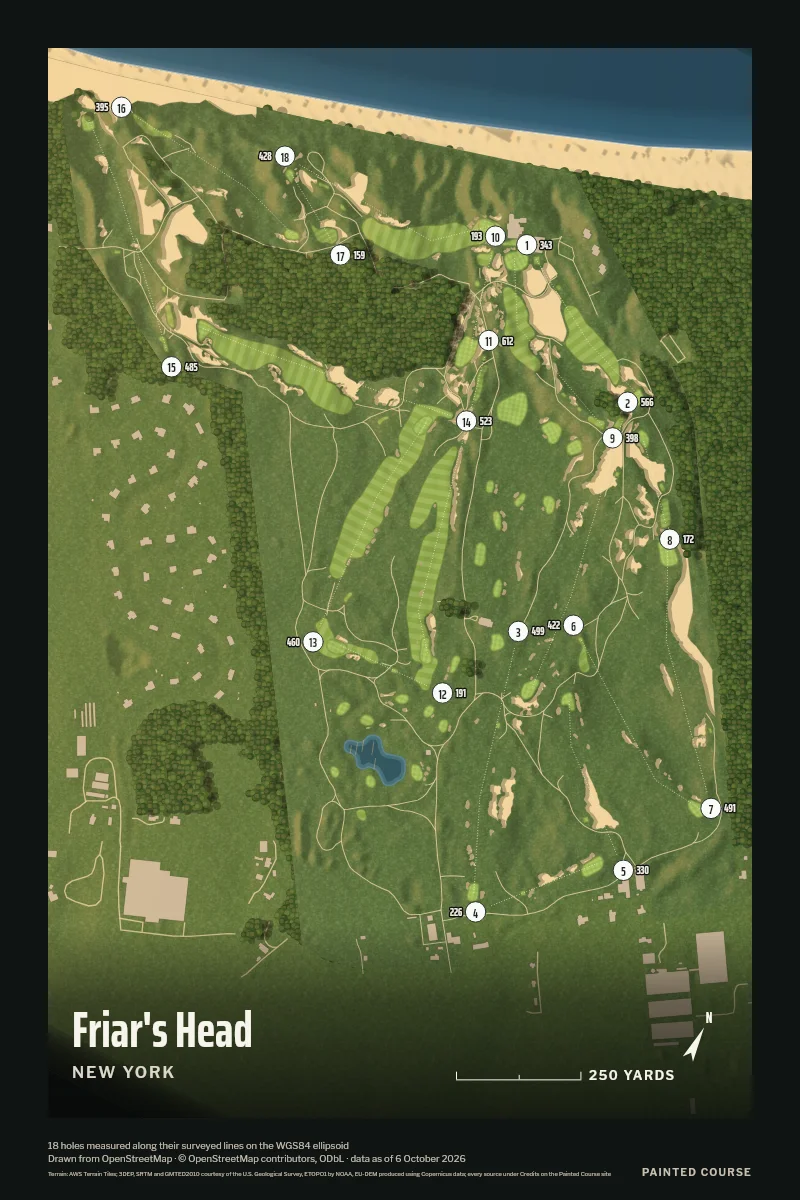 Friar's Head, New York, USA, drawn in the Aerial style from its OpenStreetMap survey: 18 holes, each numbered at its tee with its measured yards beside it.