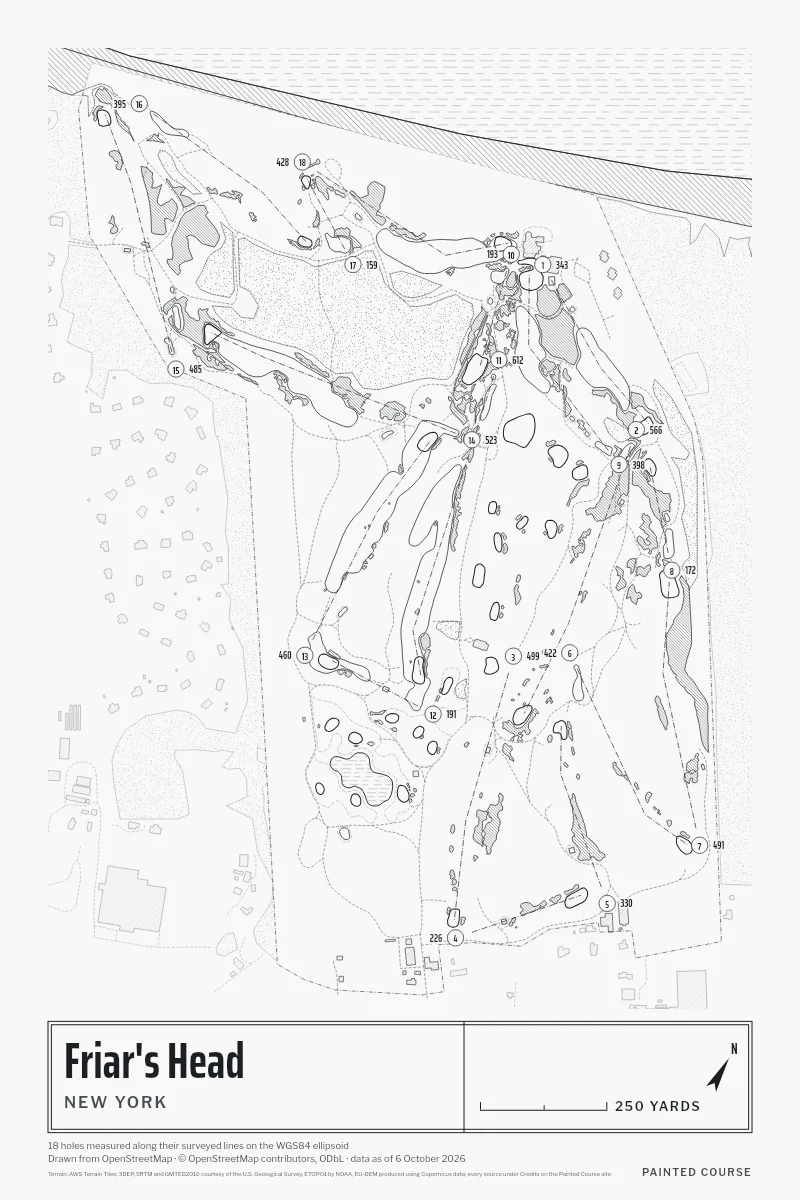 Friar's Head, New York, USA, drawn in the Architect style from its OpenStreetMap survey: 18 holes, each numbered at its tee with its measured yards beside it.