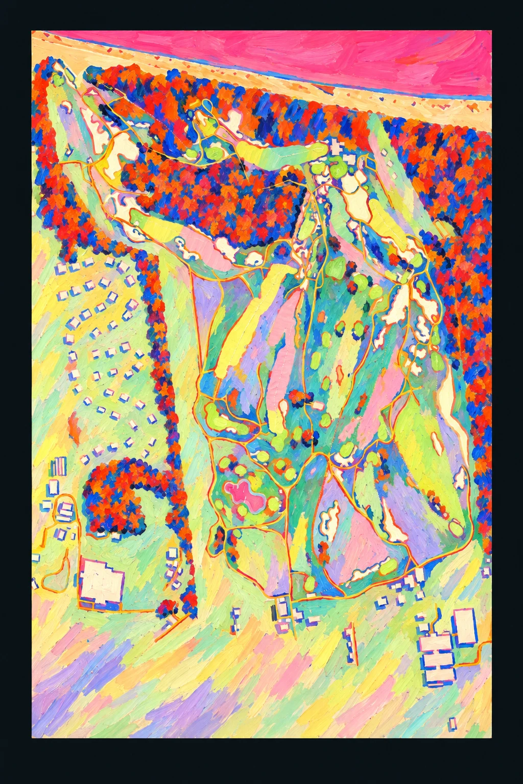 Friar's Head, New York, USA, seen from above and painted in the Fauve manner after the Fauves of 1905: the routing of its 18 holes, its greens and its bunkers, in paint.