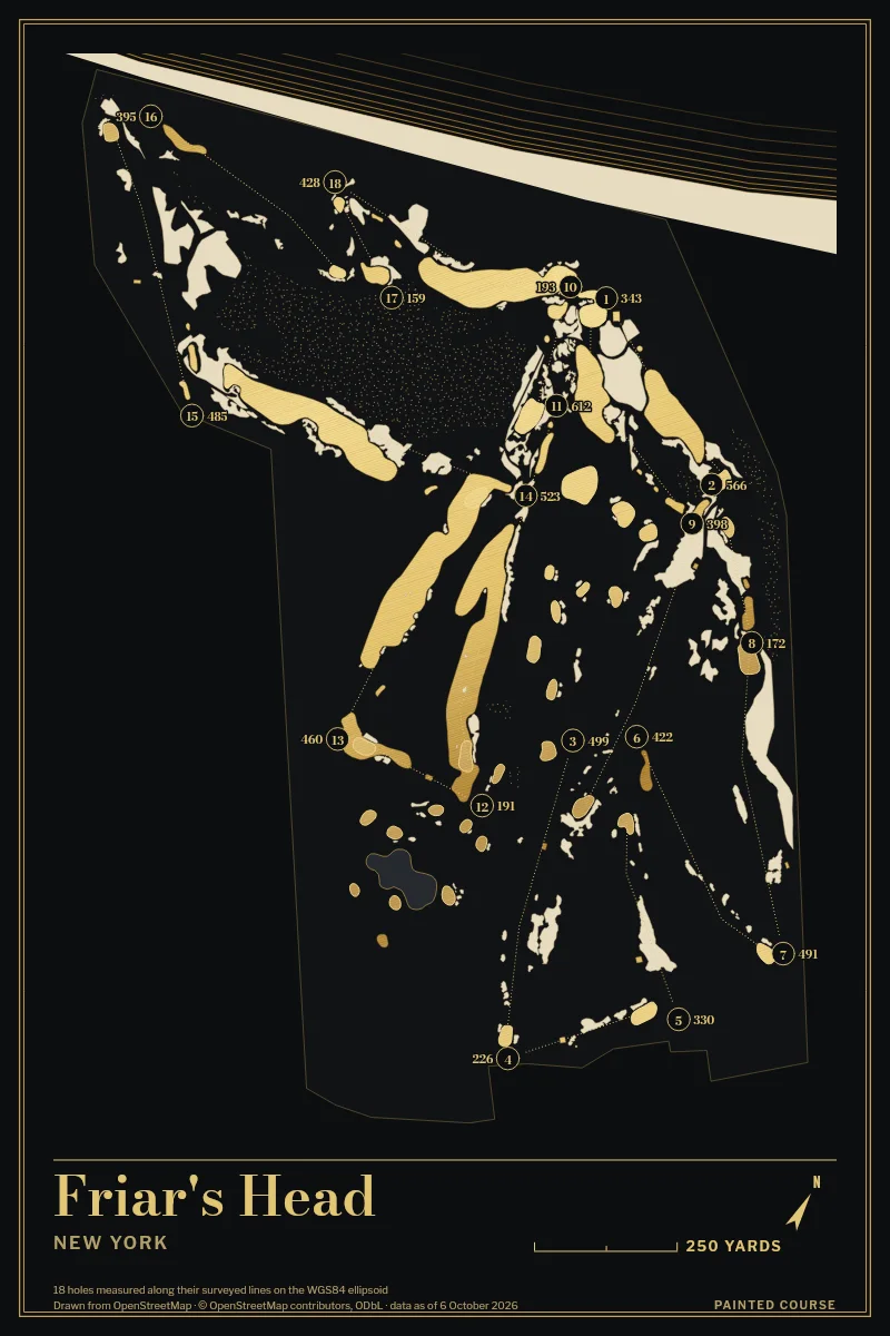 Friar's Head, New York, USA, drawn in the Gilt style from its OpenStreetMap survey: 18 holes, each numbered at its tee with its measured yards beside it.