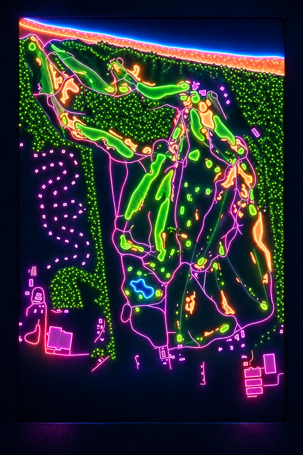 Friar's Head, New York, USA, seen from above and painted in the Neon manner: the routing of its 18 holes, its greens and its bunkers, in paint.