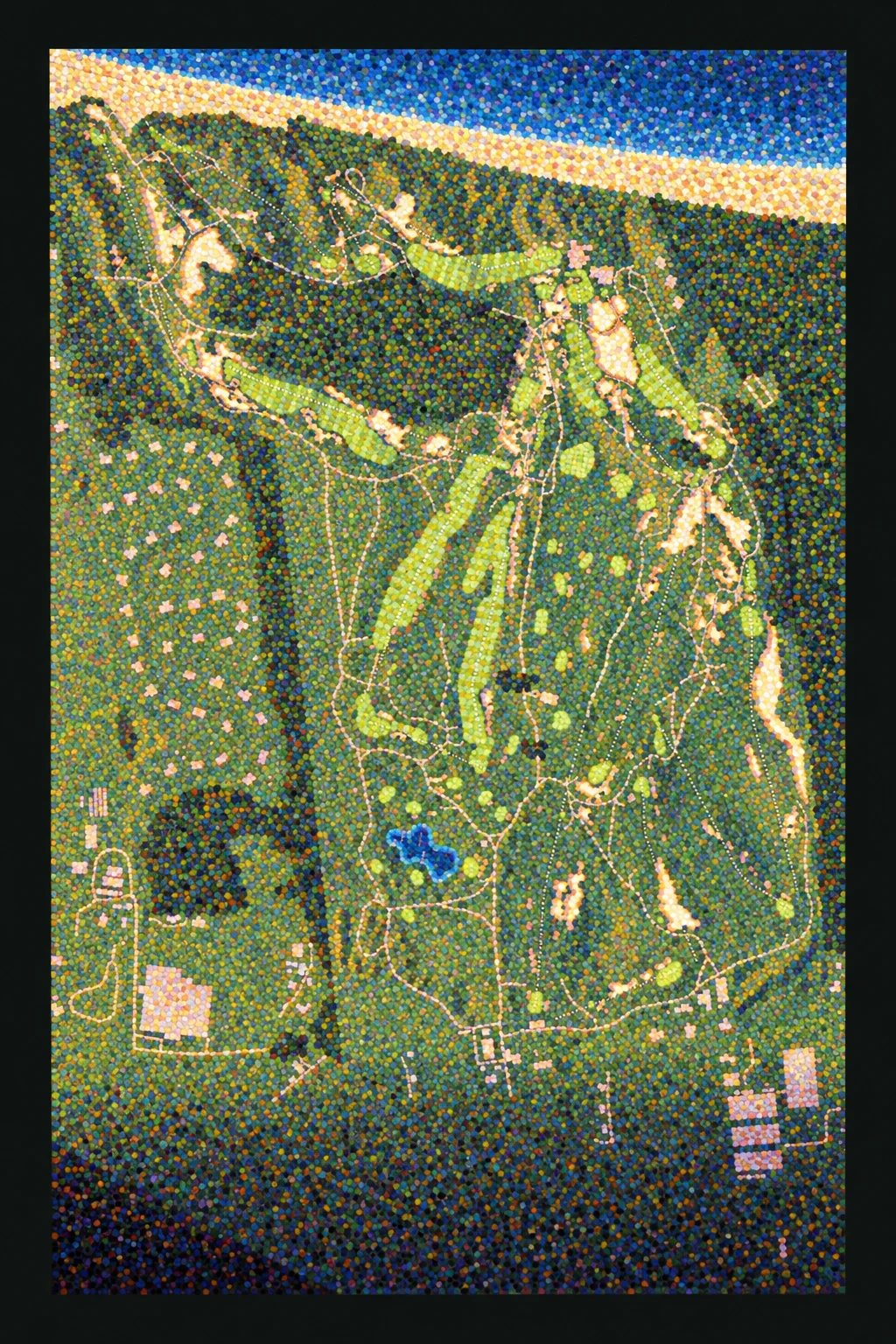 Friar's Head, New York, USA, seen from above and painted in the Pointillist manner after Georges Seurat: the routing of its 18 holes, its greens and its bunkers, in paint.