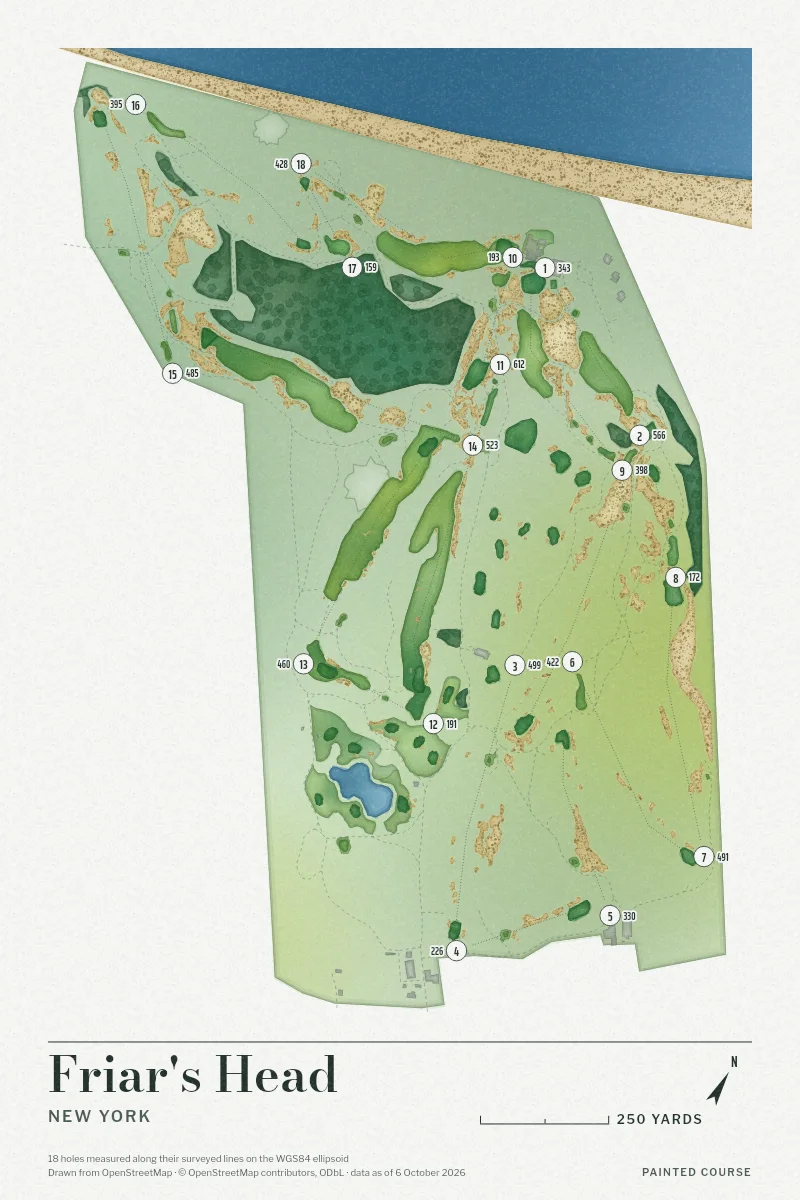 Friar's Head, New York, USA, drawn in the Watercolour style from its OpenStreetMap survey: 18 holes, each numbered at its tee with its measured yards beside it.