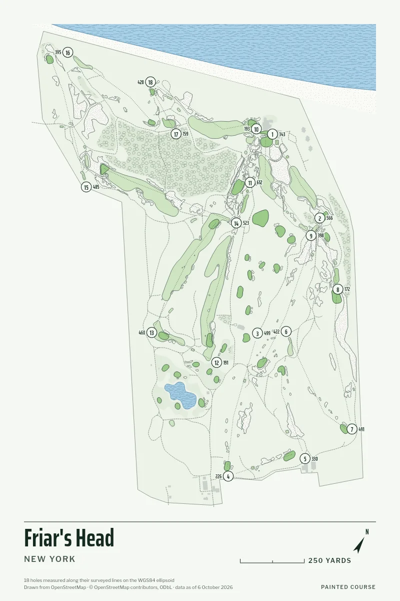Friar's Head, New York, USA, drawn in the Yardage style from its OpenStreetMap survey: 18 holes, each numbered at its tee with its measured yards beside it.