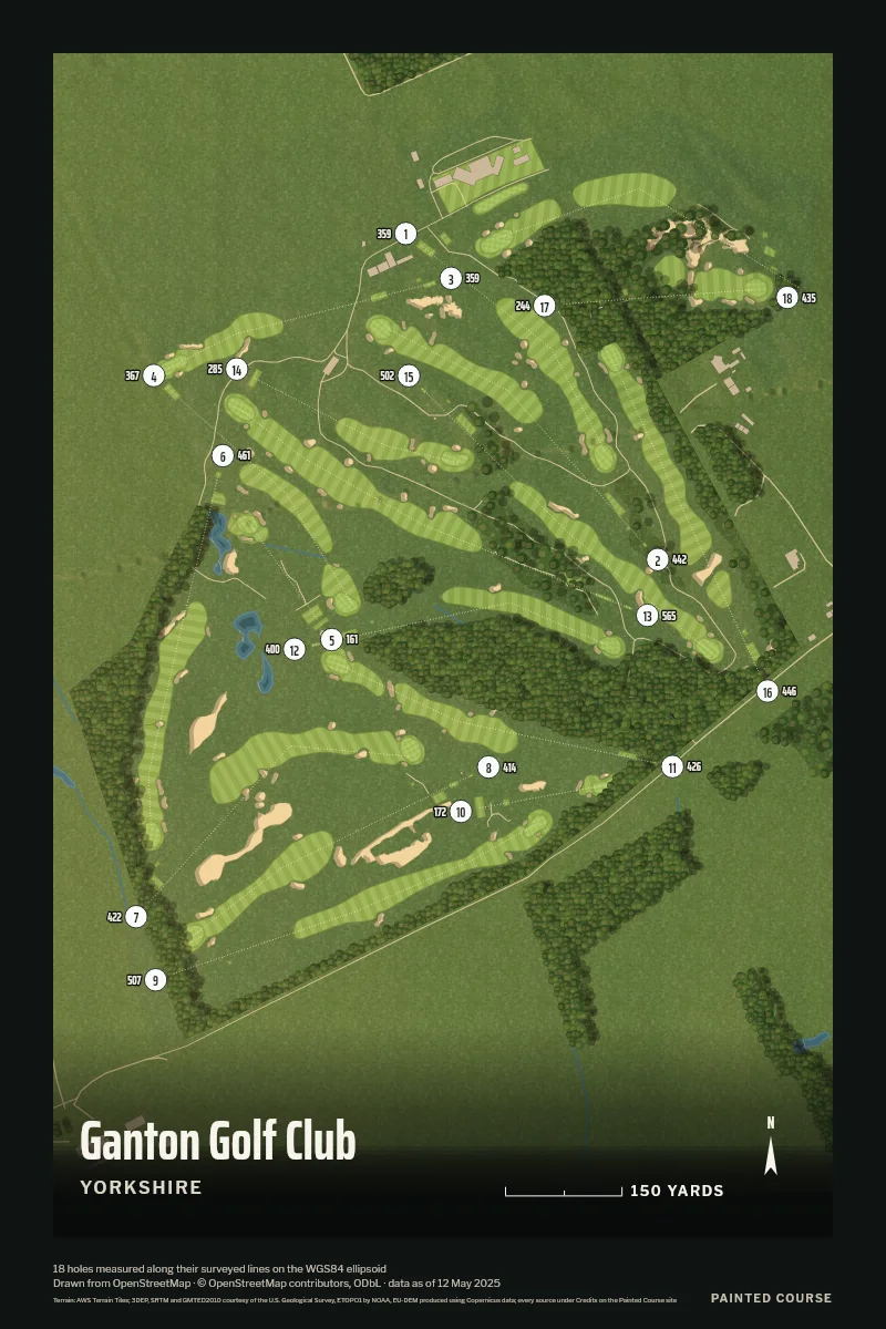 Ganton Golf Club, Yorkshire, England, drawn in the Aerial style from its OpenStreetMap survey: 18 holes, each numbered at its tee with its measured yards beside it.
