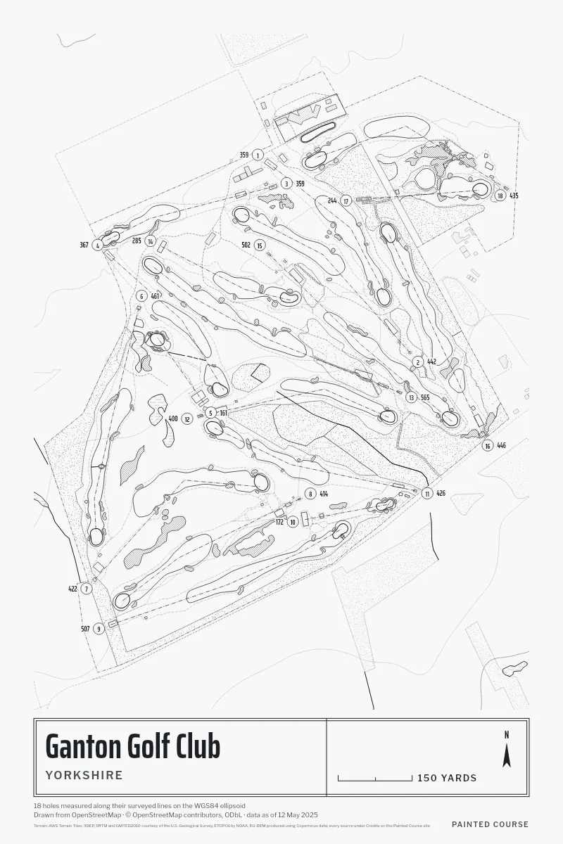 Ganton Golf Club, Yorkshire, England, drawn in the Architect style from its OpenStreetMap survey: 18 holes, each numbered at its tee with its measured yards beside it.