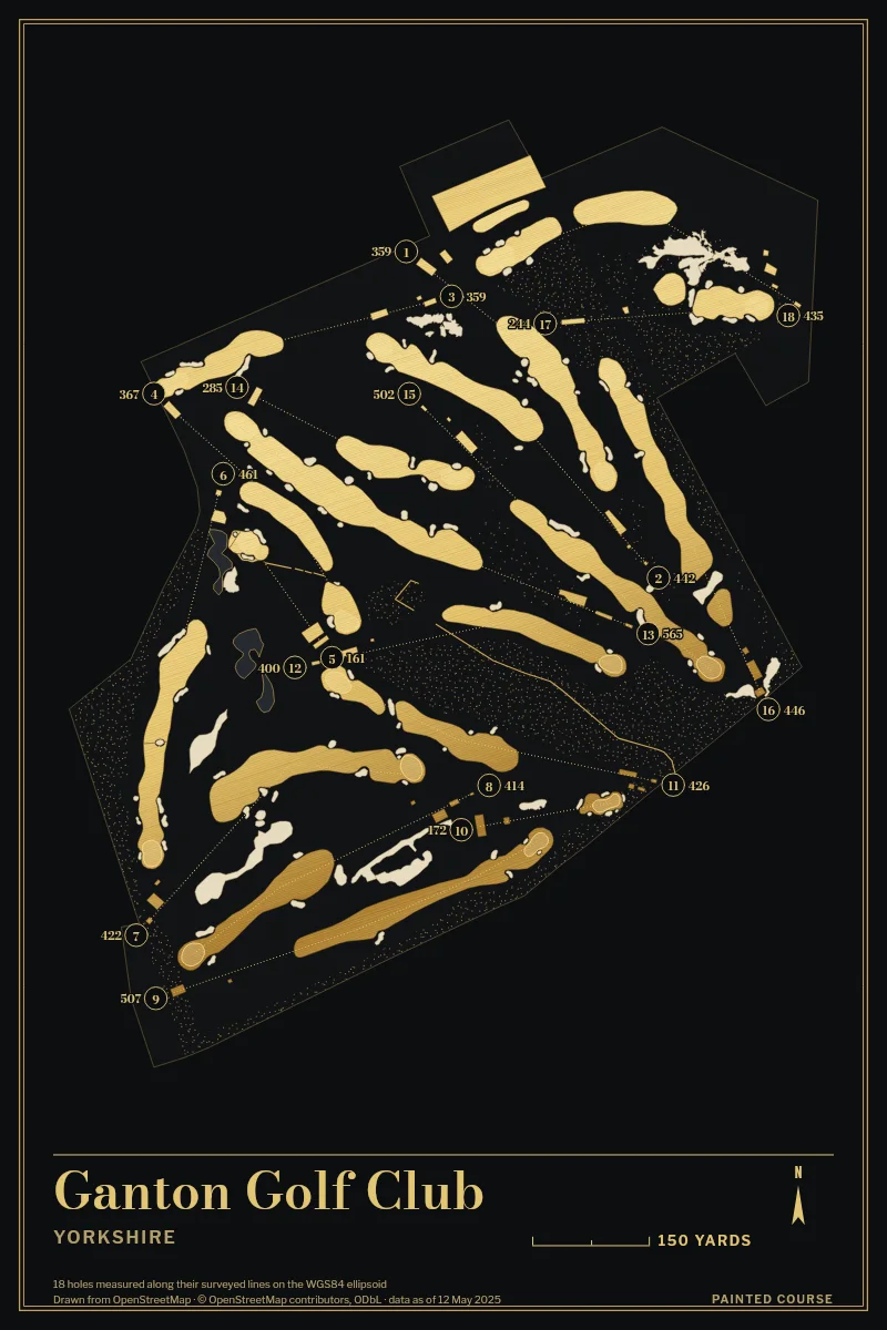 Ganton Golf Club, Yorkshire, England, drawn in the Gilt style from its OpenStreetMap survey: 18 holes, each numbered at its tee with its measured yards beside it.