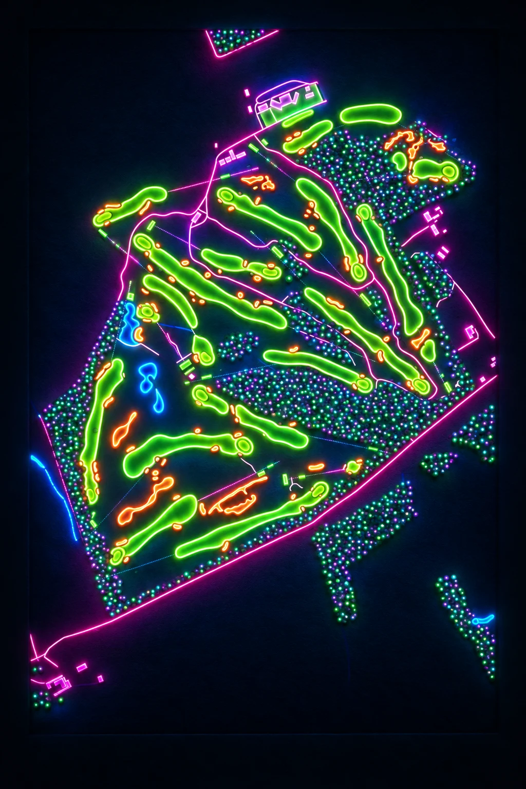 Ganton Golf Club, Yorkshire, England, seen from above and painted in the Neon manner: the routing of its 18 holes, its greens and its bunkers, in paint.