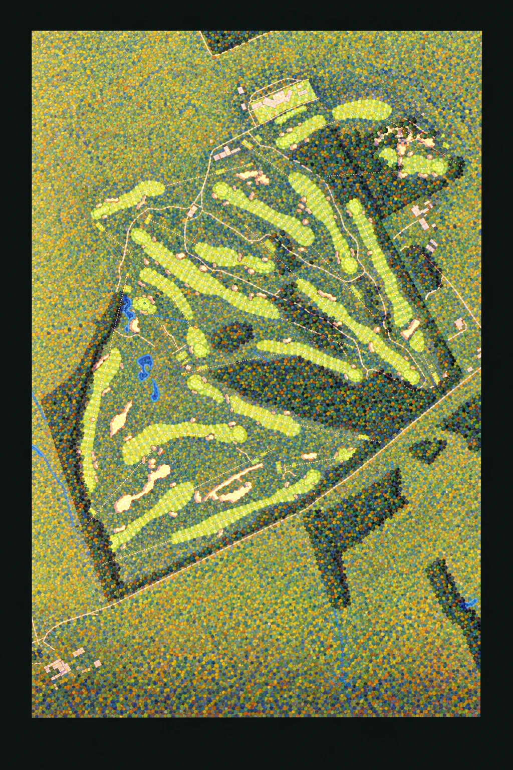 Ganton Golf Club, Yorkshire, England, seen from above and painted in the Pointillist manner after Georges Seurat: the routing of its 18 holes, its greens and its bunkers, in paint.