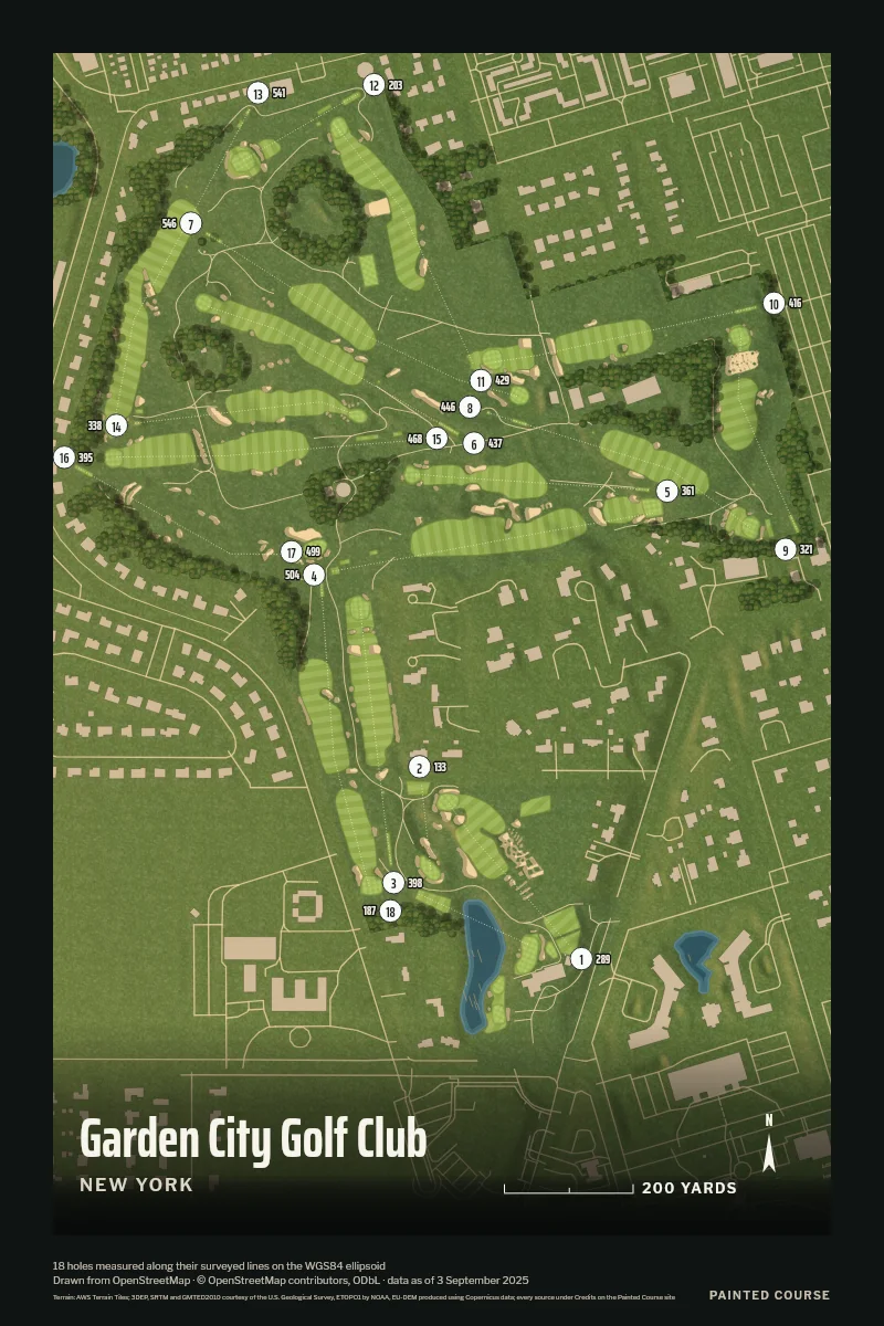 Garden City Golf Club, New York, USA, drawn in the Aerial style from its OpenStreetMap survey: 18 holes, each numbered at its tee with its measured yards beside it.