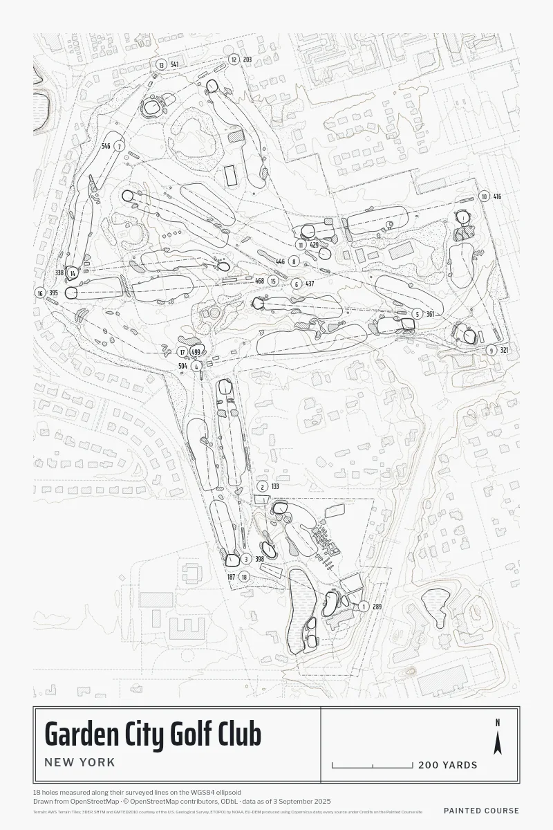 Garden City Golf Club, New York, USA, drawn in the Architect style from its OpenStreetMap survey: 18 holes, each numbered at its tee with its measured yards beside it.