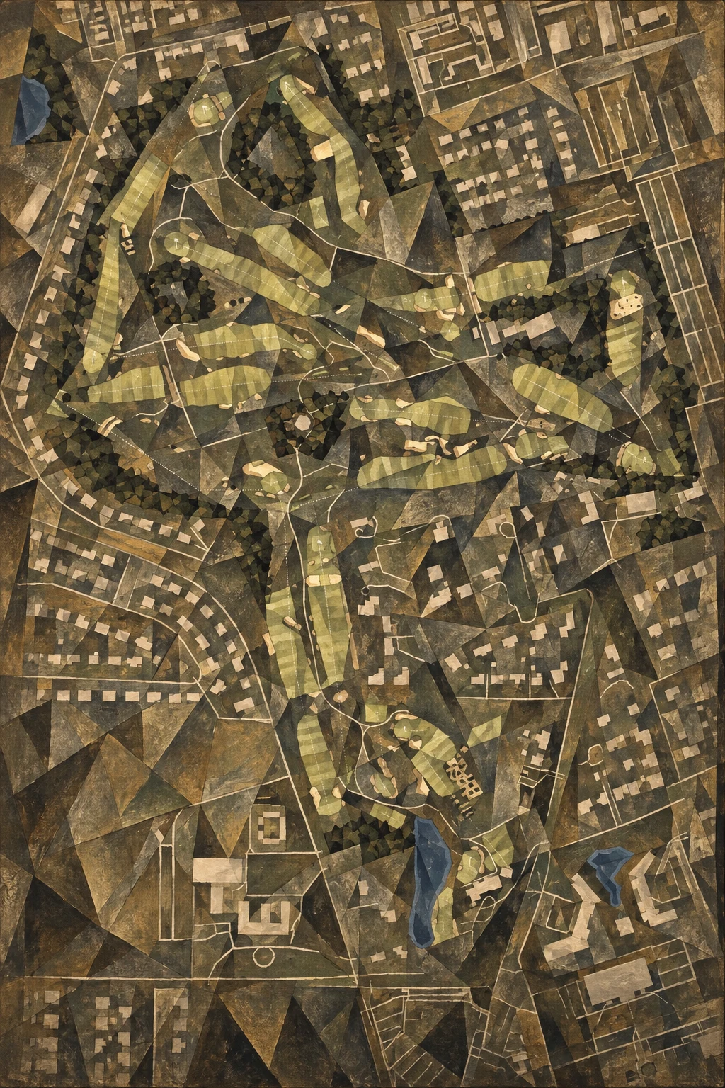 Garden City Golf Club, New York, USA, seen from above and painted in the Cubist manner after Picasso and Braque: the routing of its 18 holes, its greens and its bunkers, in paint.