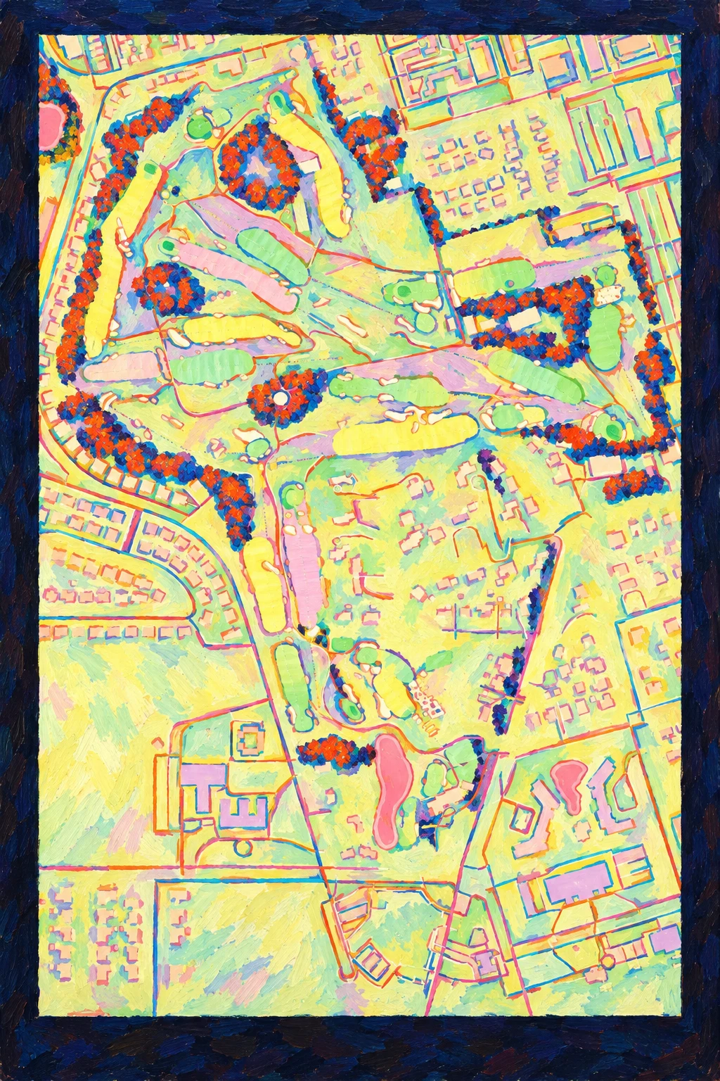 Garden City Golf Club, New York, USA, seen from above and painted in the Fauve manner after the Fauves of 1905: the routing of its 18 holes, its greens and its bunkers, in paint.