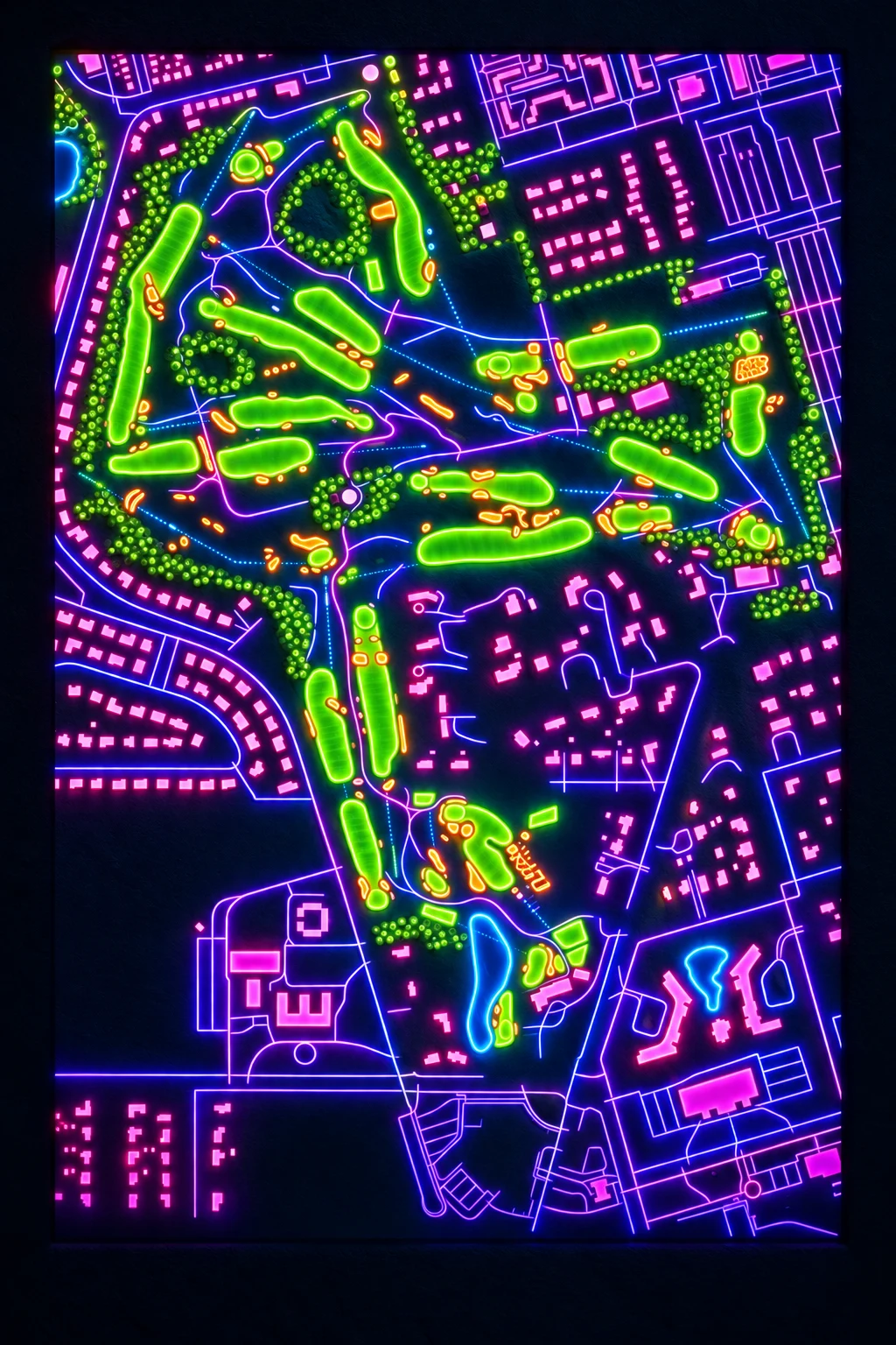 Garden City Golf Club, New York, USA, seen from above and painted in the Neon manner: the routing of its 18 holes, its greens and its bunkers, in paint.