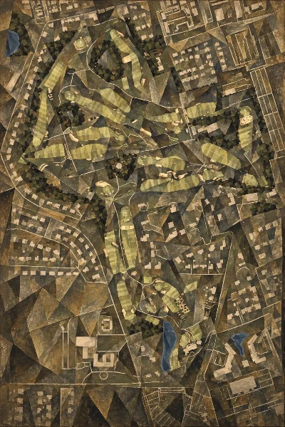 Garden City Golf Club, New York, USA, drawn in the Gilt style from its OpenStreetMap survey: 18 holes, each numbered at its tee with its measured yards beside it.