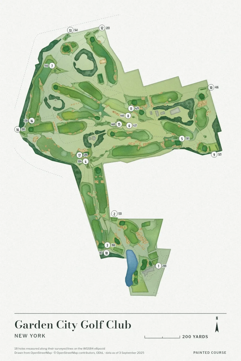 Garden City Golf Club, New York, USA, drawn in the Watercolour style from its OpenStreetMap survey: 18 holes, each numbered at its tee with its measured yards beside it.