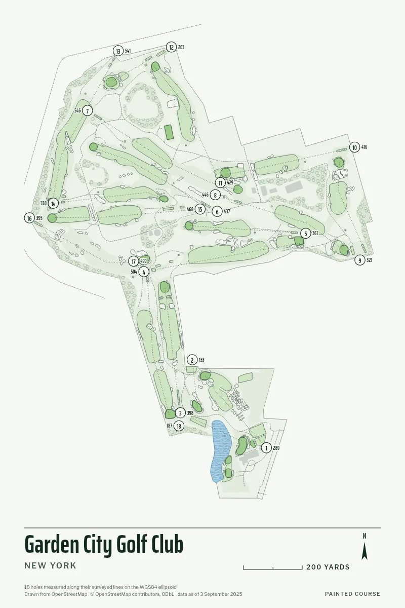 Garden City Golf Club, New York, USA, drawn in the Yardage style from its OpenStreetMap survey: 18 holes, each numbered at its tee with its measured yards beside it.