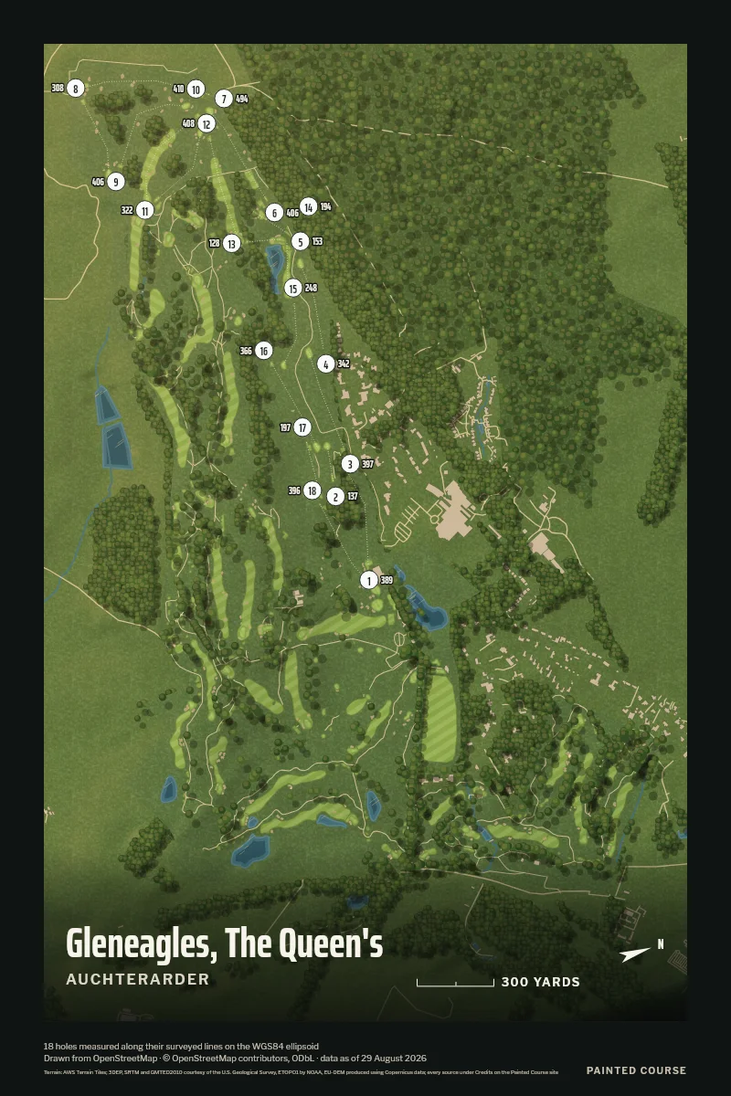 Gleneagles, The Queen's, Auchterarder, Scotland, drawn in the Aerial style from its OpenStreetMap survey: 18 holes, each numbered at its tee with its measured yards beside it.
