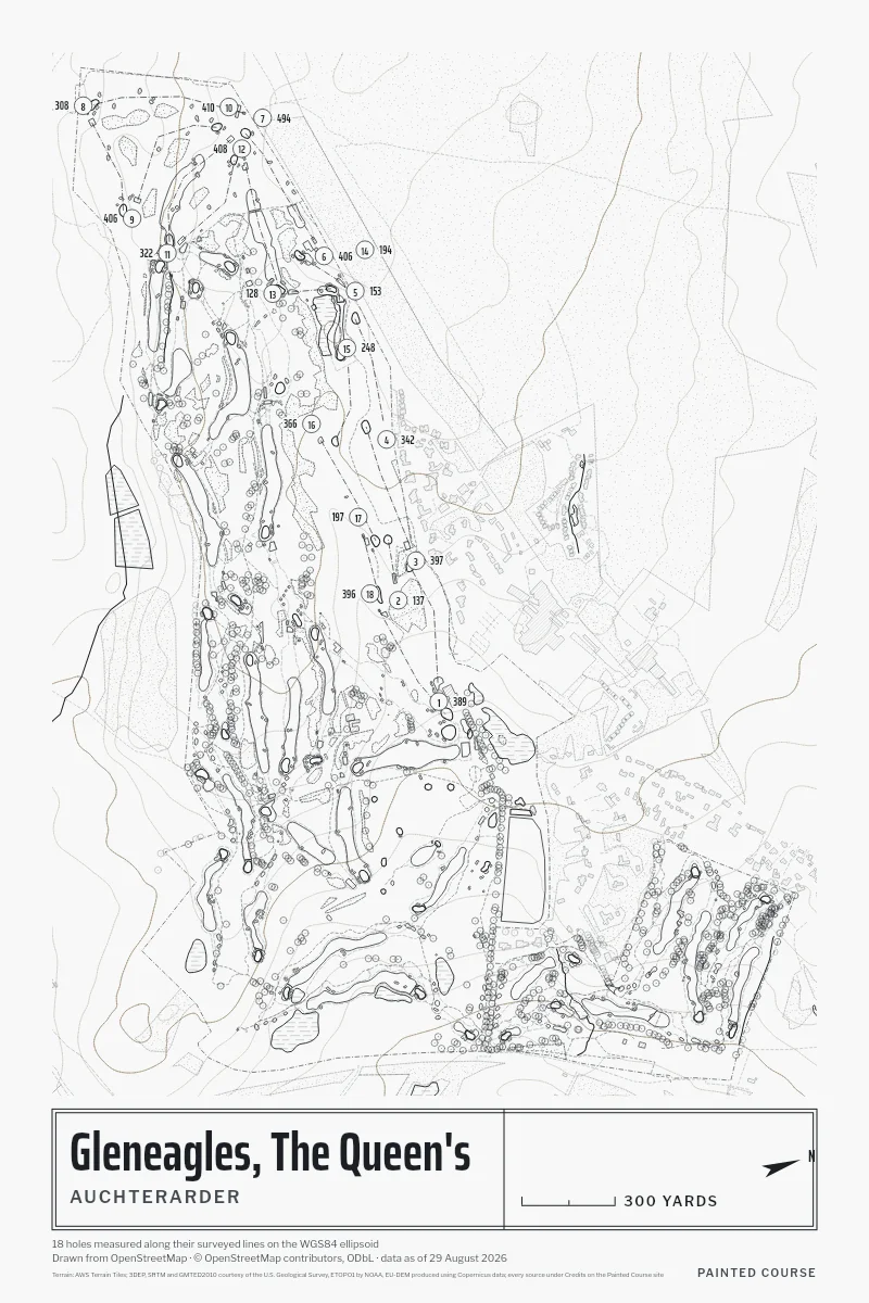 Gleneagles, The Queen's, Auchterarder, Scotland, drawn in the Architect style from its OpenStreetMap survey: 18 holes, each numbered at its tee with its measured yards beside it.