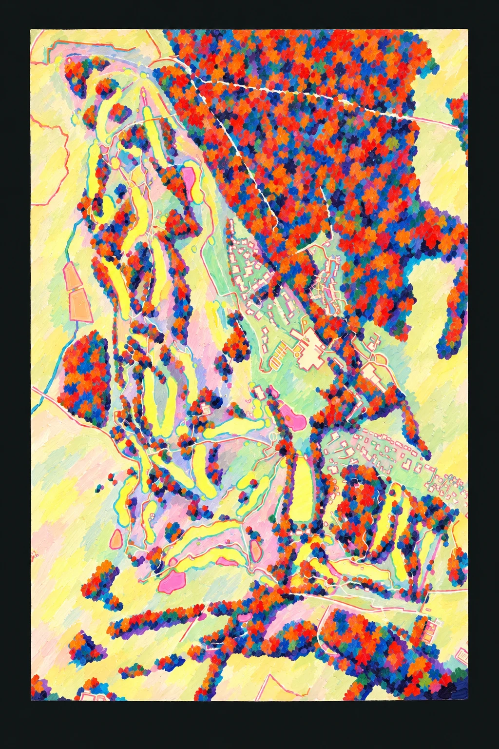 Gleneagles, The Queen's, Auchterarder, Scotland, seen from above and painted in the Fauve manner after the Fauves of 1905: the routing of its 18 holes, its greens and its bunkers, in paint.
