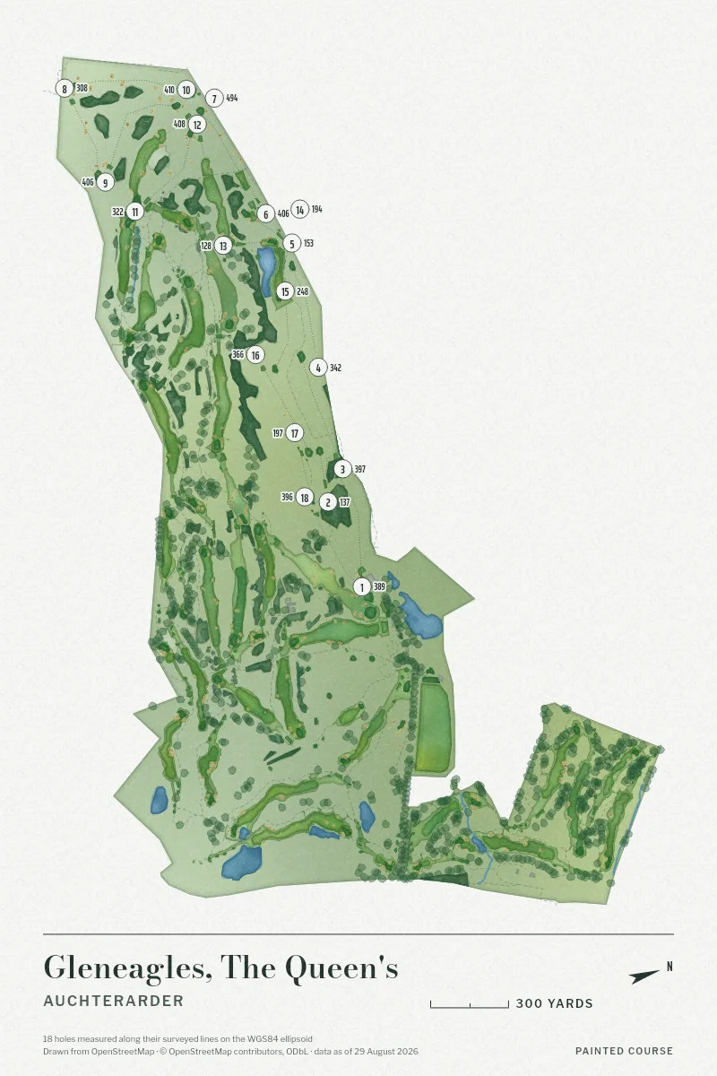 Gleneagles, The Queen's, Auchterarder, Scotland, drawn in the Watercolour style from its OpenStreetMap survey: 18 holes, each numbered at its tee with its measured yards beside it.