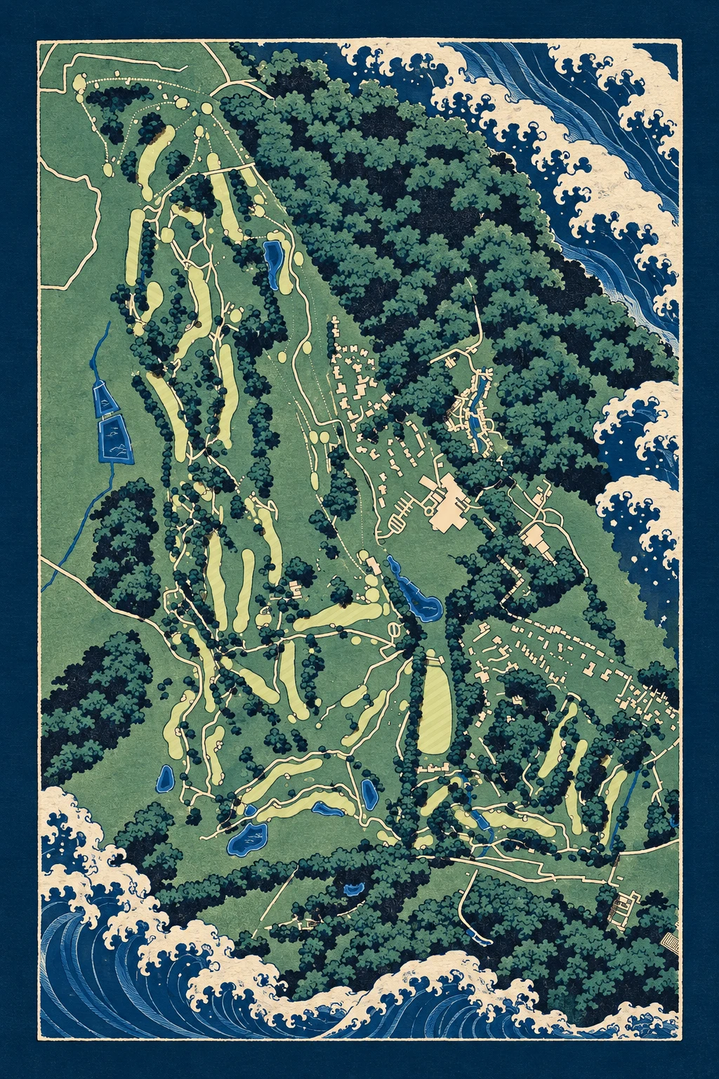 Gleneagles, The Queen's, Auchterarder, Scotland, seen from above and painted in the Woodblock manner after Katsushika Hokusai: the routing of its 18 holes, its greens and its bunkers, in paint.