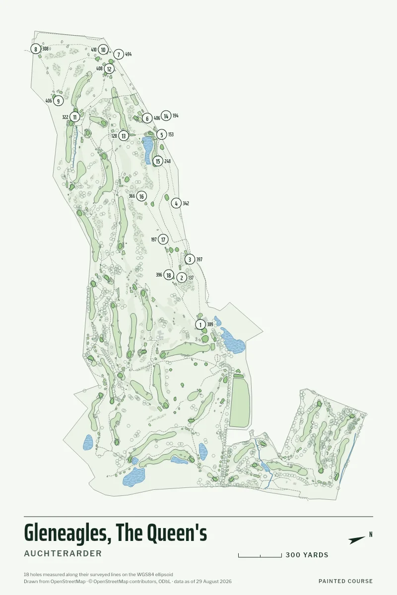 Gleneagles, The Queen's, Auchterarder, Scotland, drawn in the Yardage style from its OpenStreetMap survey: 18 holes, each numbered at its tee with its measured yards beside it.