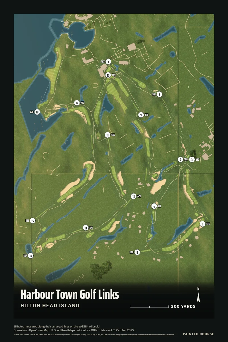 Harbour Town Golf Links, Hilton Head Island, South Carolina, USA, drawn in the Aerial style from its OpenStreetMap survey: 16 holes, each numbered at its tee with its measured yards beside it.