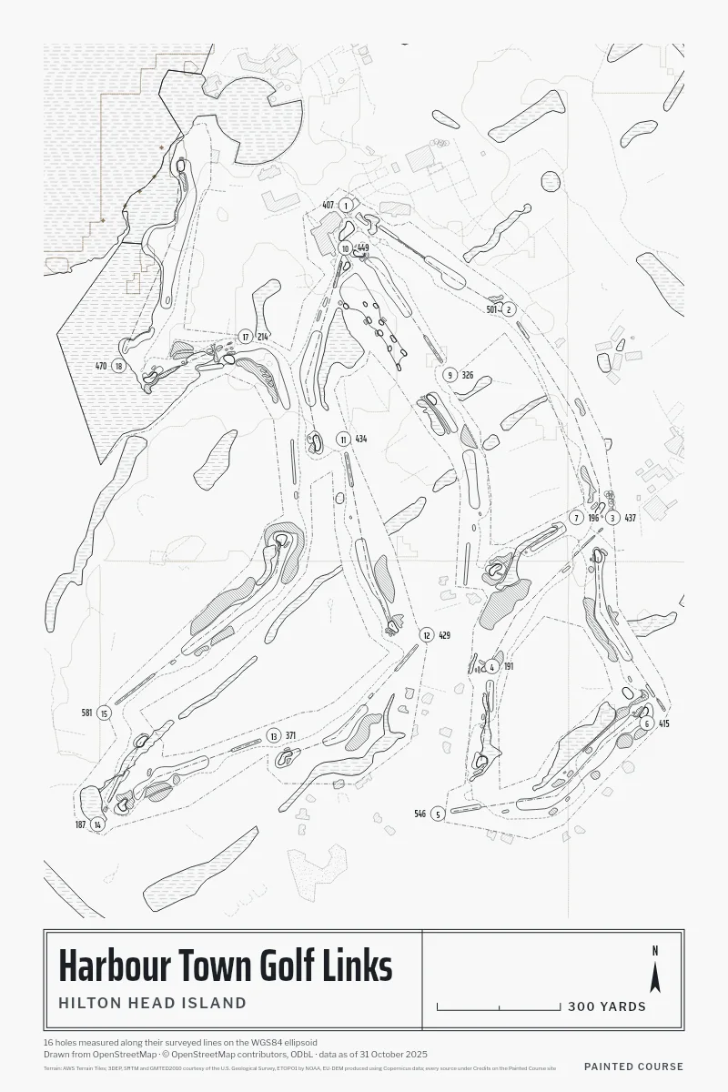 Harbour Town Golf Links, Hilton Head Island, South Carolina, USA, drawn in the Architect style from its OpenStreetMap survey: 16 holes, each numbered at its tee with its measured yards beside it.