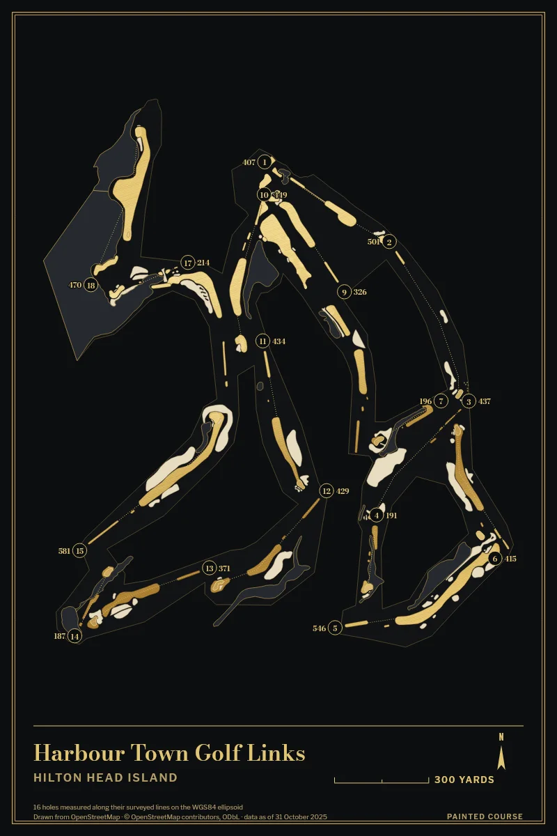 Harbour Town Golf Links, Hilton Head Island, South Carolina, USA, drawn in the Gilt style from its OpenStreetMap survey: 16 holes, each numbered at its tee with its measured yards beside it.