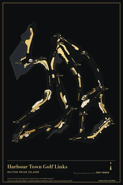 Harbour Town Golf Links, Hilton Head Island, South Carolina, USA, drawn in the Gilt style from its OpenStreetMap survey: 16 holes, each numbered at its tee with its measured yards beside it.