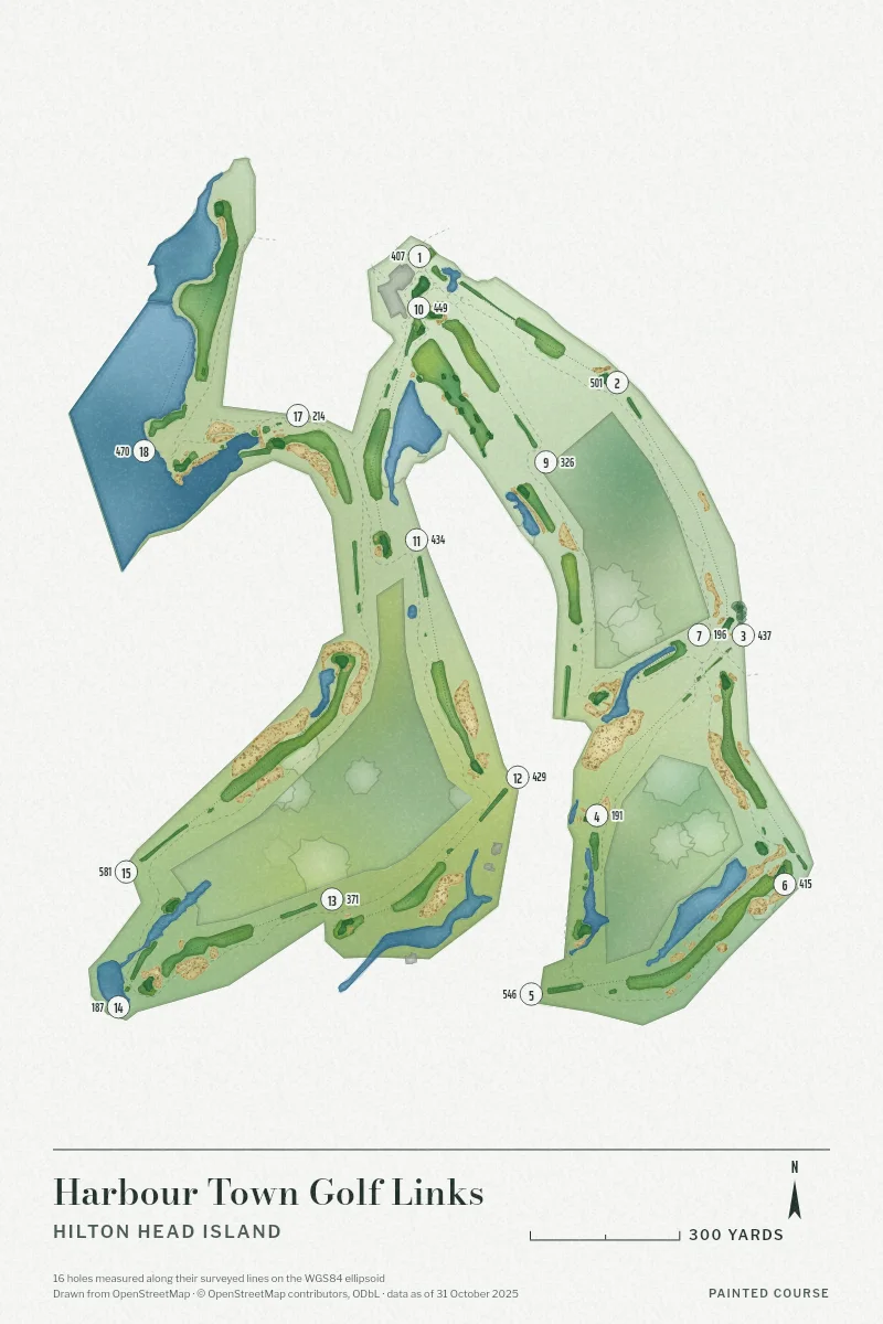 Harbour Town Golf Links, Hilton Head Island, South Carolina, USA, drawn in the Watercolour style from its OpenStreetMap survey: 16 holes, each numbered at its tee with its measured yards beside it.