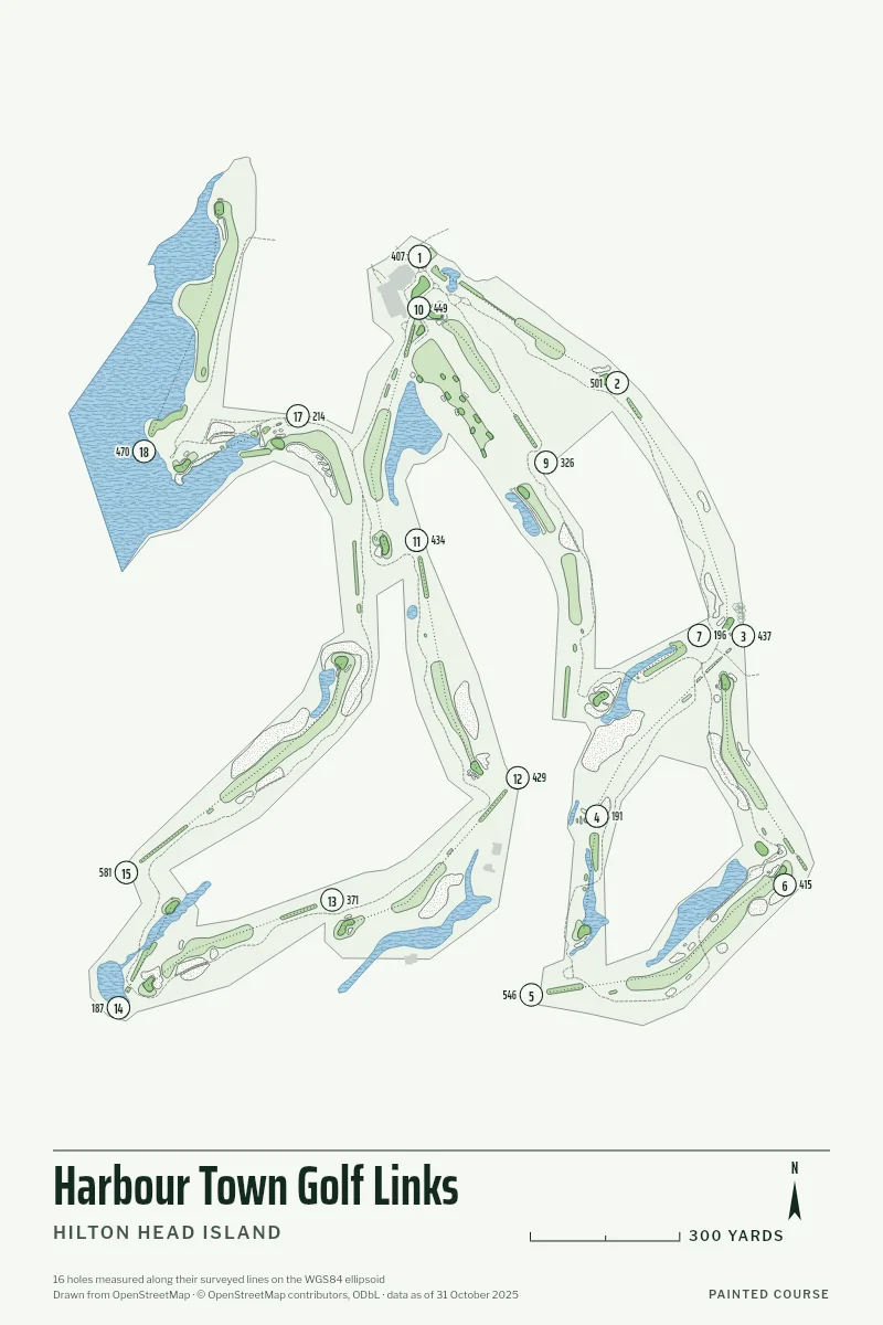 Harbour Town Golf Links, Hilton Head Island, South Carolina, USA, drawn in the Yardage style from its OpenStreetMap survey: 16 holes, each numbered at its tee with its measured yards beside it.