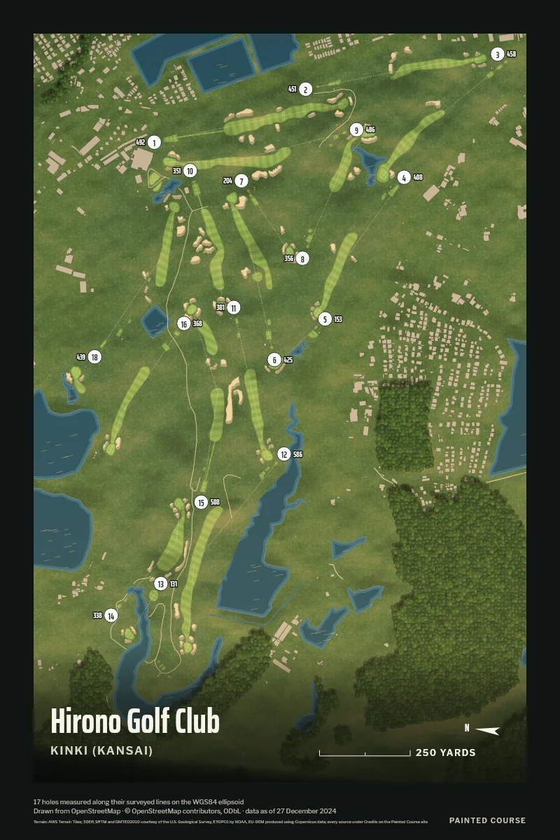 Hirono Golf Club, Kinki (Kansai), Japan, drawn in the Aerial style from its OpenStreetMap survey: 17 holes, each numbered at its tee with its measured yards beside it.