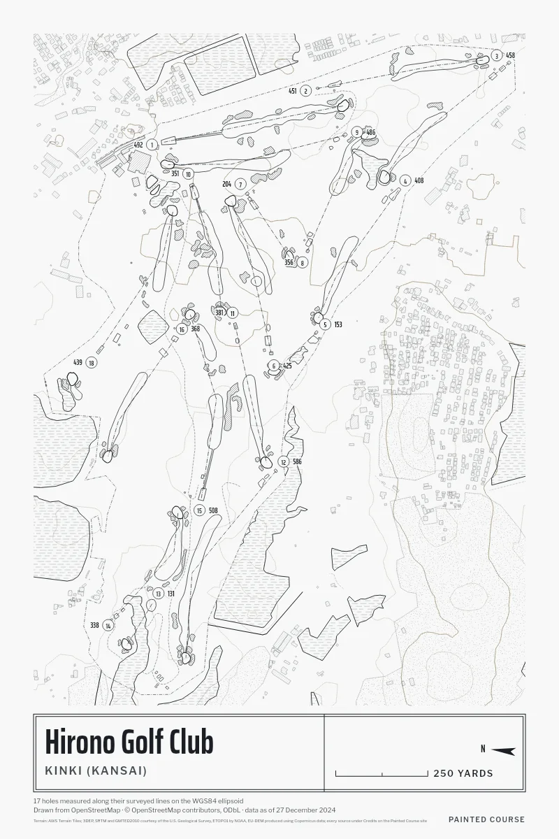 Hirono Golf Club, Kinki (Kansai), Japan, drawn in the Architect style from its OpenStreetMap survey: 17 holes, each numbered at its tee with its measured yards beside it.