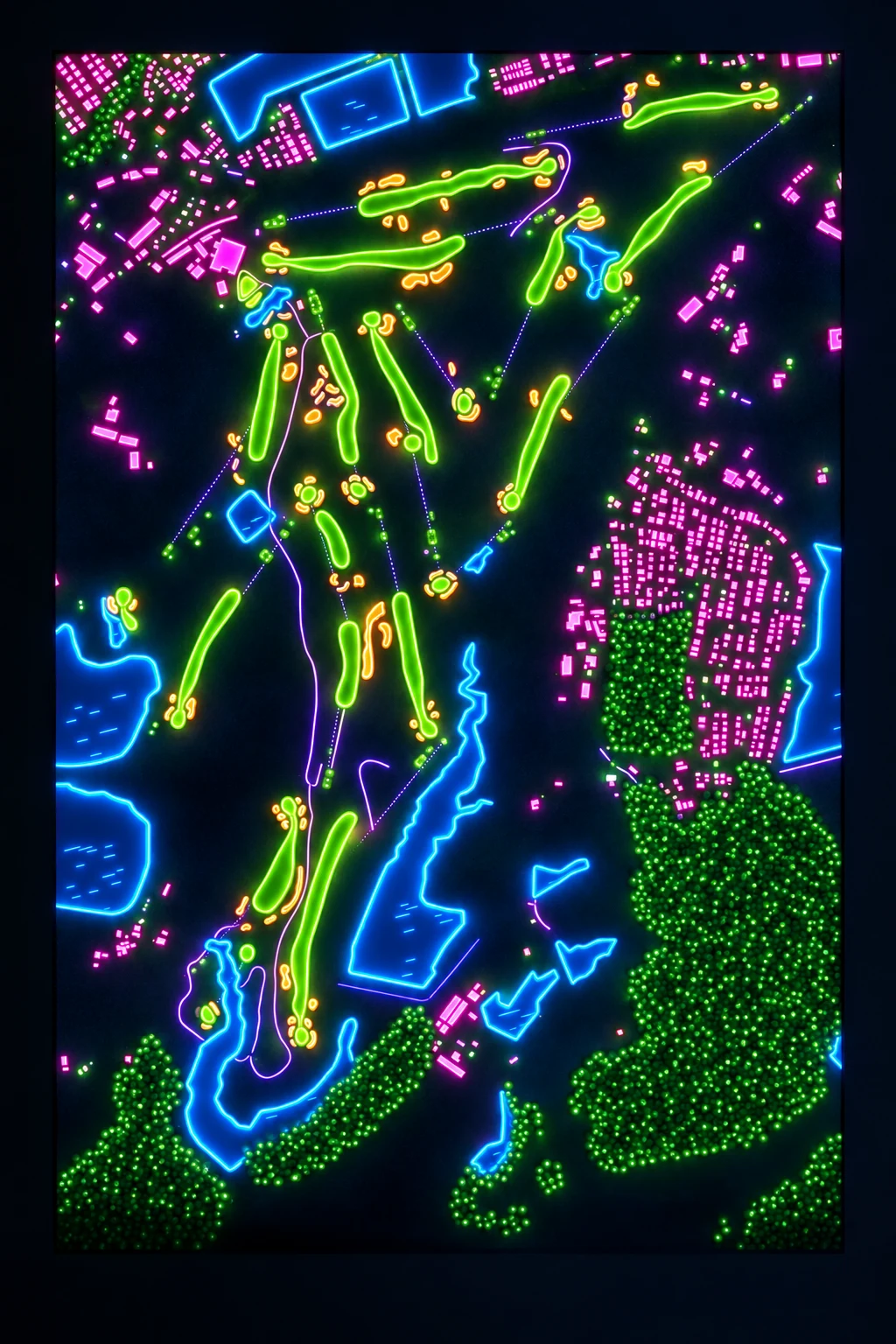 Hirono Golf Club, Kinki (Kansai), Japan, seen from above and painted in the Neon manner: the routing of its 17 holes, its greens and its bunkers, in paint.