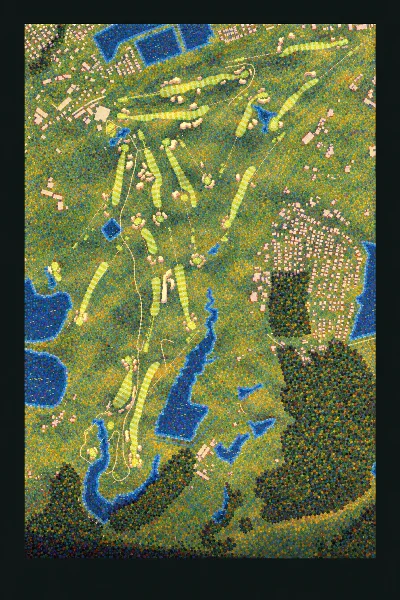 Hirono Golf Club, Kinki (Kansai), Japan, drawn in the Gilt style from its OpenStreetMap survey: 17 holes, each numbered at its tee with its measured yards beside it.
