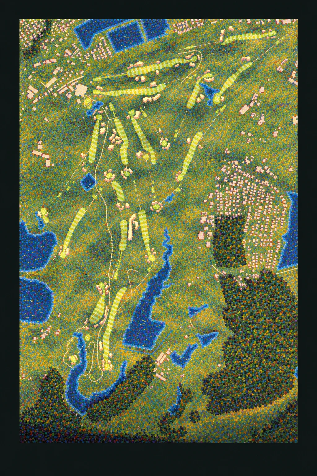 Hirono Golf Club, Kinki (Kansai), Japan, seen from above and painted in the Pointillist manner after Georges Seurat: the routing of its 17 holes, its greens and its bunkers, in paint.