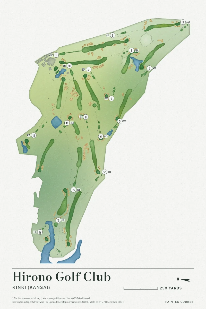Hirono Golf Club, Kinki (Kansai), Japan, drawn in the Watercolour style from its OpenStreetMap survey: 17 holes, each numbered at its tee with its measured yards beside it.