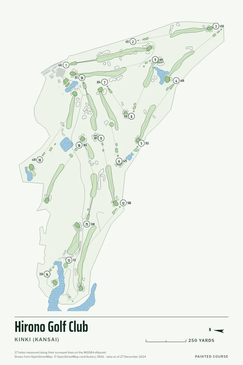 Hirono Golf Club, Kinki (Kansai), Japan, drawn in the Yardage style from its OpenStreetMap survey: 17 holes, each numbered at its tee with its measured yards beside it.