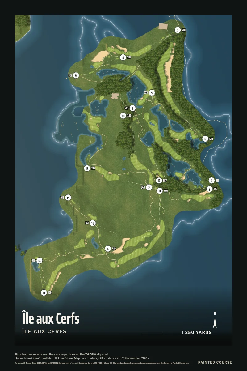 Île aux Cerfs, Île aux Cerfs, Mauritius, drawn in the Aerial style from its OpenStreetMap survey: 18 holes, each numbered at its tee with its measured yards beside it.