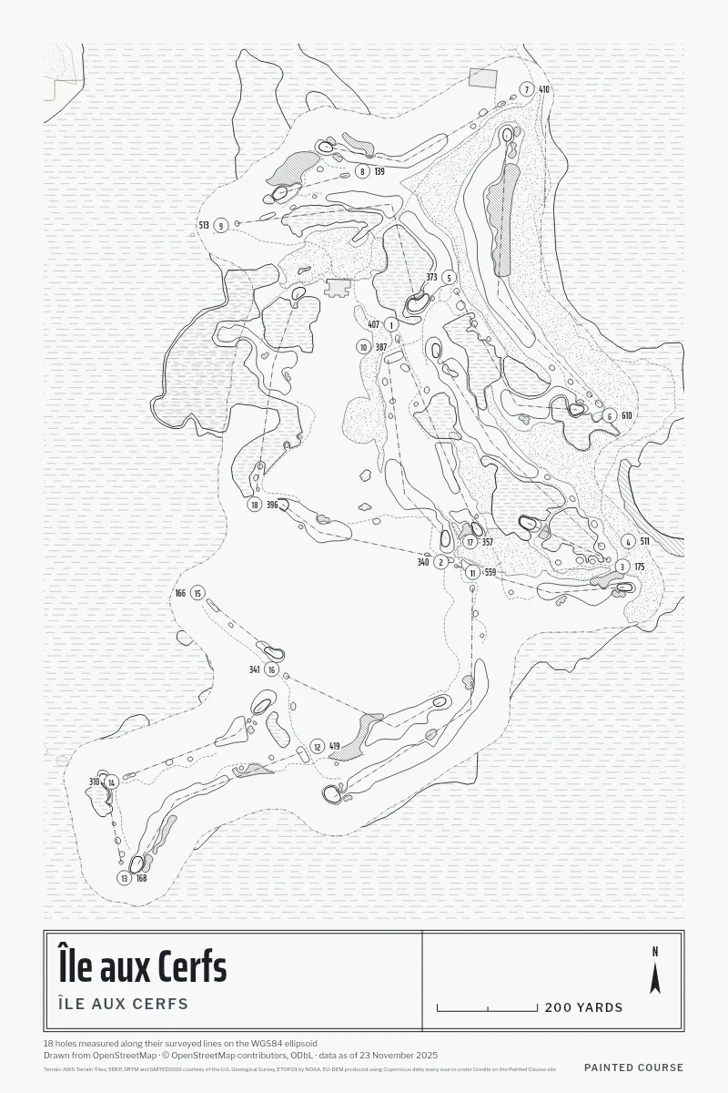Île aux Cerfs, Île aux Cerfs, Mauritius, drawn in the Architect style from its OpenStreetMap survey: 18 holes, each numbered at its tee with its measured yards beside it.
