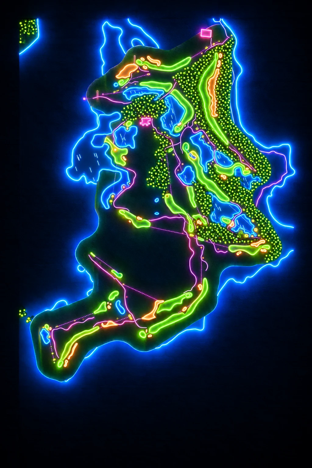 Île aux Cerfs, Île aux Cerfs, Mauritius, seen from above and painted in the Neon manner: the routing of its 18 holes, its greens and its bunkers, in paint.
