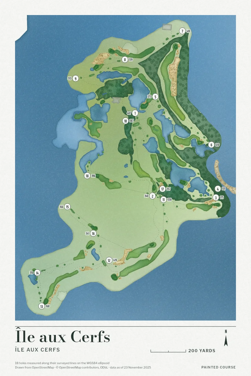 Île aux Cerfs, Île aux Cerfs, Mauritius, drawn in the Watercolour style from its OpenStreetMap survey: 18 holes, each numbered at its tee with its measured yards beside it.