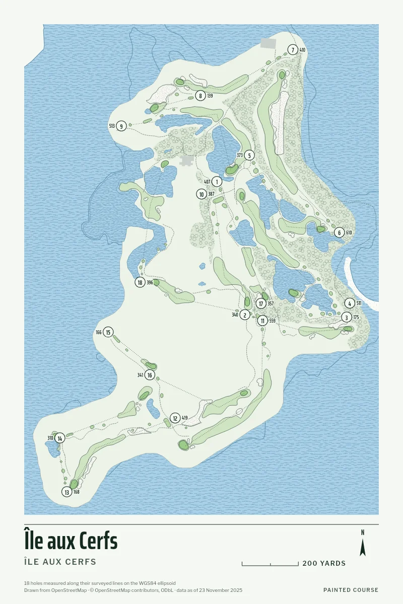 Île aux Cerfs, Île aux Cerfs, Mauritius, drawn in the Yardage style from its OpenStreetMap survey: 18 holes, each numbered at its tee with its measured yards beside it.