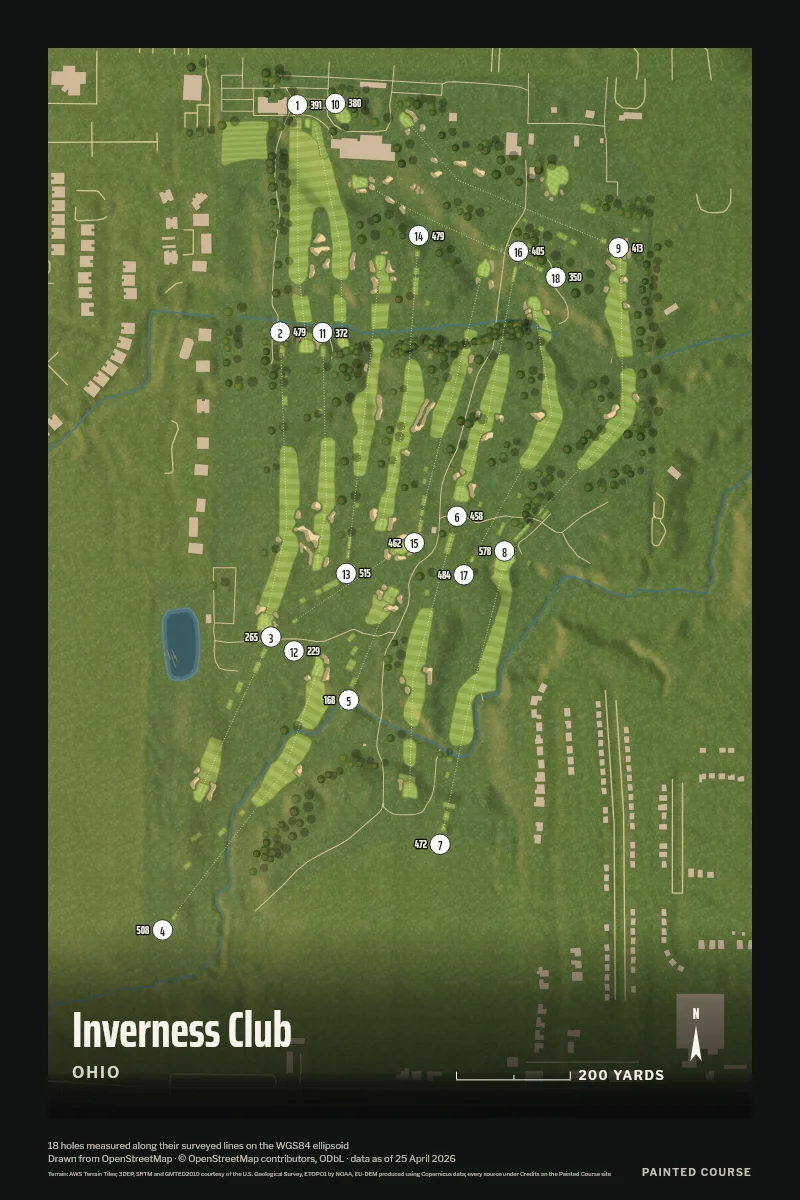 Inverness Club, Ohio, USA, drawn in the Aerial style from its OpenStreetMap survey: 18 holes, each numbered at its tee with its measured yards beside it.