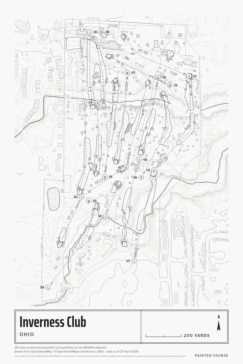 Inverness Club, Ohio, USA, drawn in the Architect style from its OpenStreetMap survey: 18 holes, each numbered at its tee with its measured yards beside it.