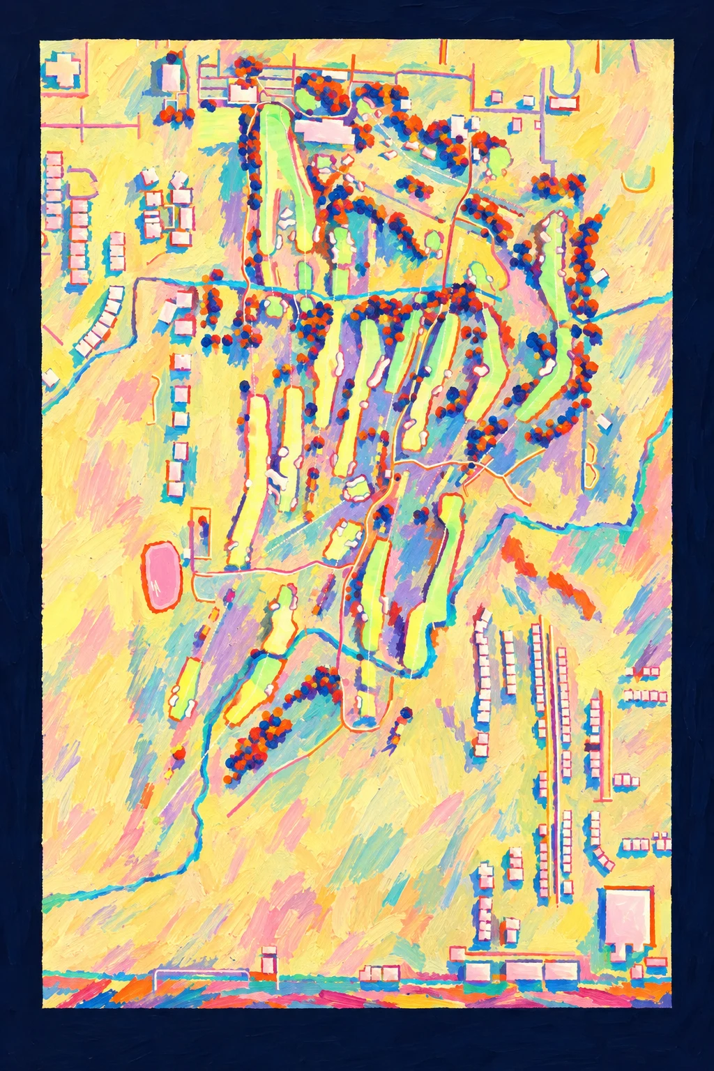 Inverness Club, Ohio, USA, seen from above and painted in the Fauve manner after the Fauves of 1905: the routing of its 18 holes, its greens and its bunkers, in paint.